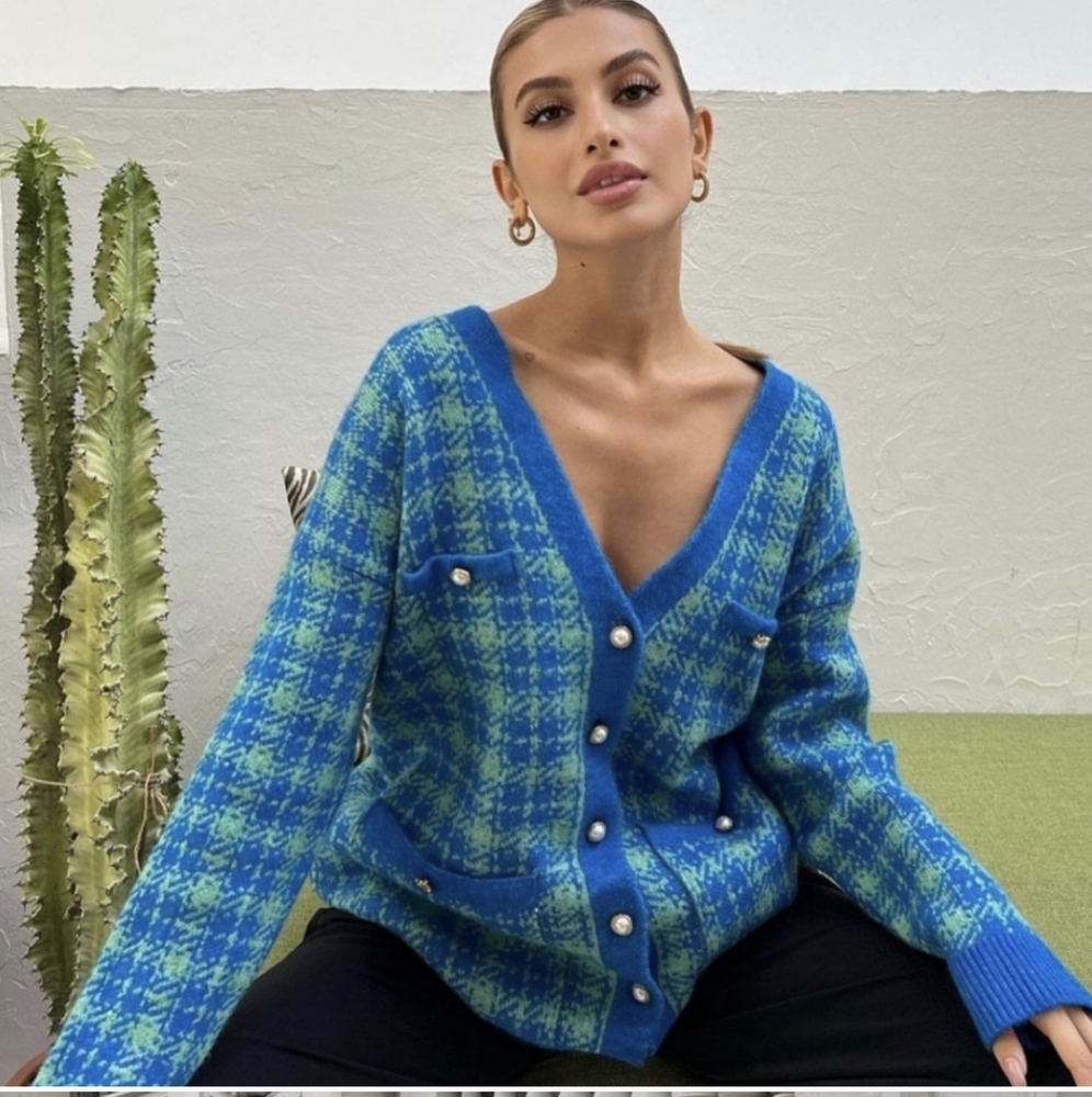 Zara * Plaid Knit Long Cardigan Jacket Blue - Picture 3 of 14